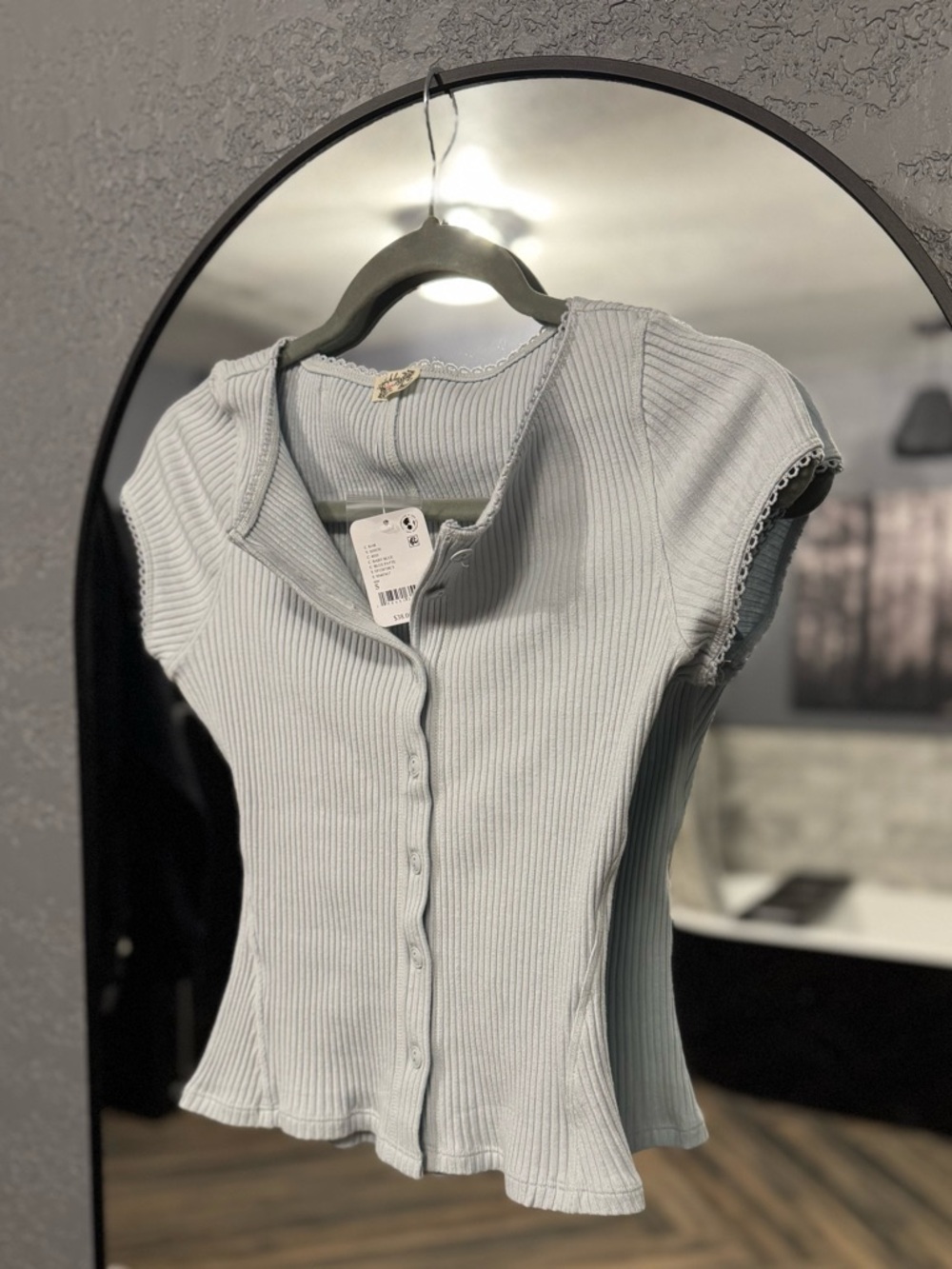 Free People Ribbed Button-Front Top in Light Blue